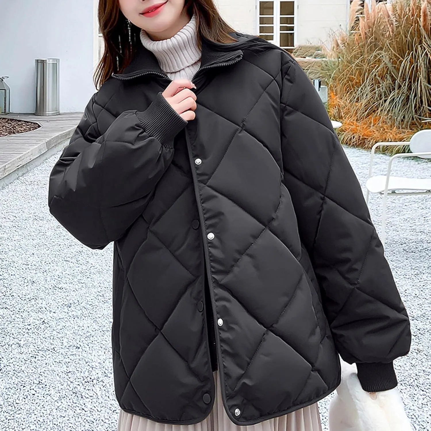 HGps8w Women's Thickened Quilted Puffer Jacket - Winter Casual Stand Collar Padded Down Coat Insulated Outerwear with Pockets