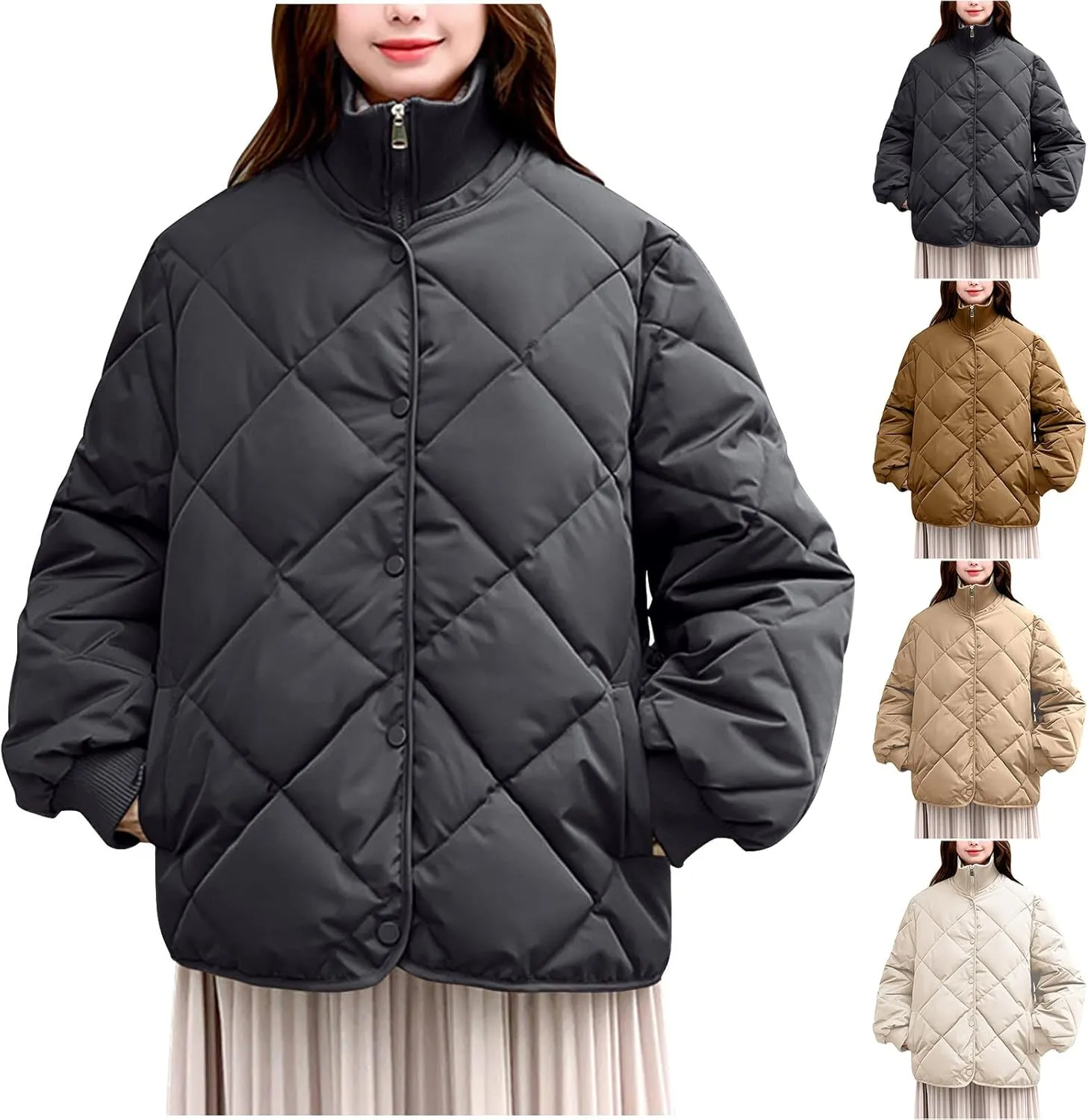 HGps8w Women's Thickened Quilted Puffer Jacket - Winter Casual Stand Collar Padded Down Coat Insulated Outerwear with Pockets