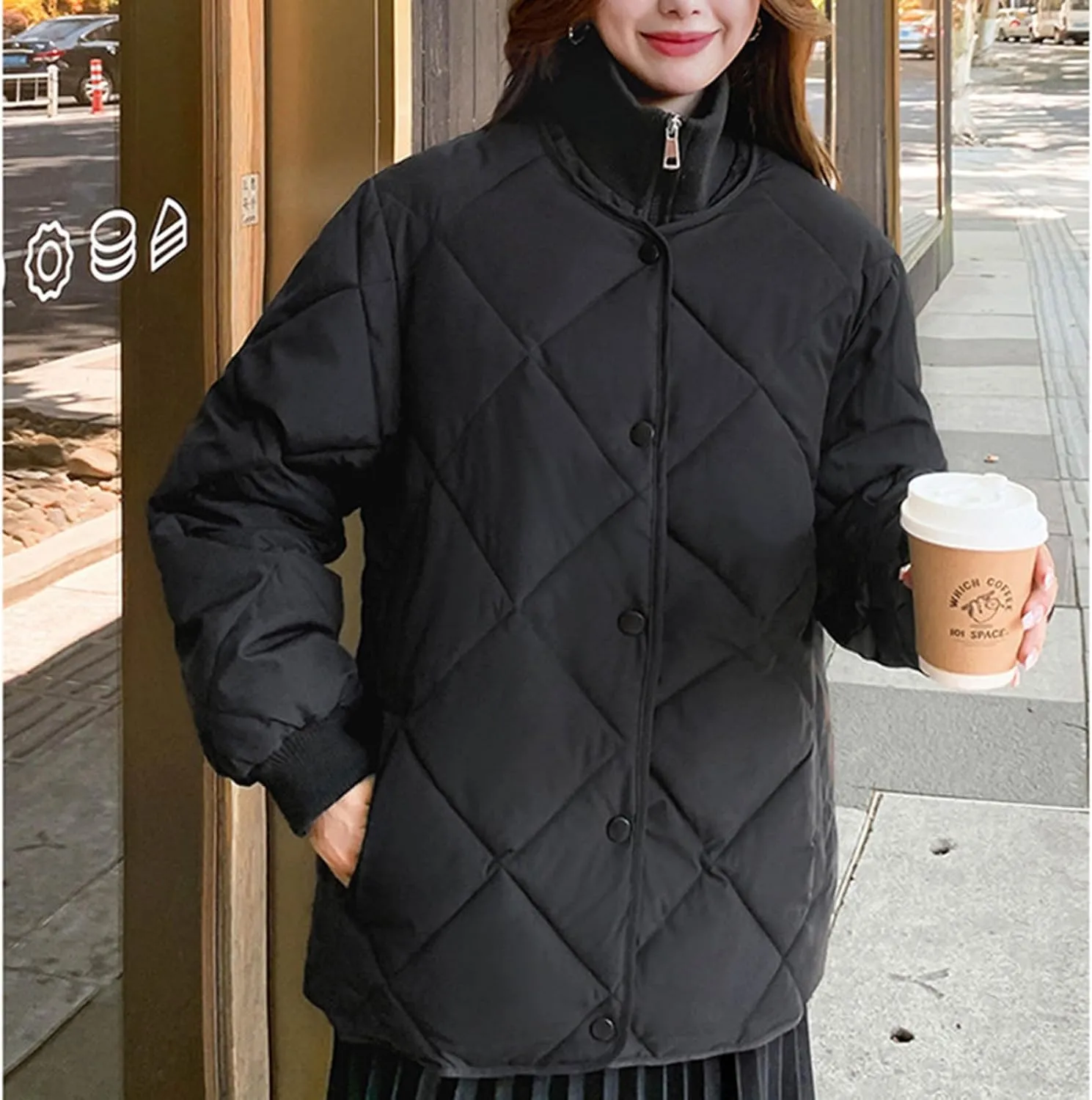 HGps8w Women's Thickened Quilted Puffer Jacket - Winter Casual Stand Collar Padded Down Coat Insulated Outerwear with Pockets