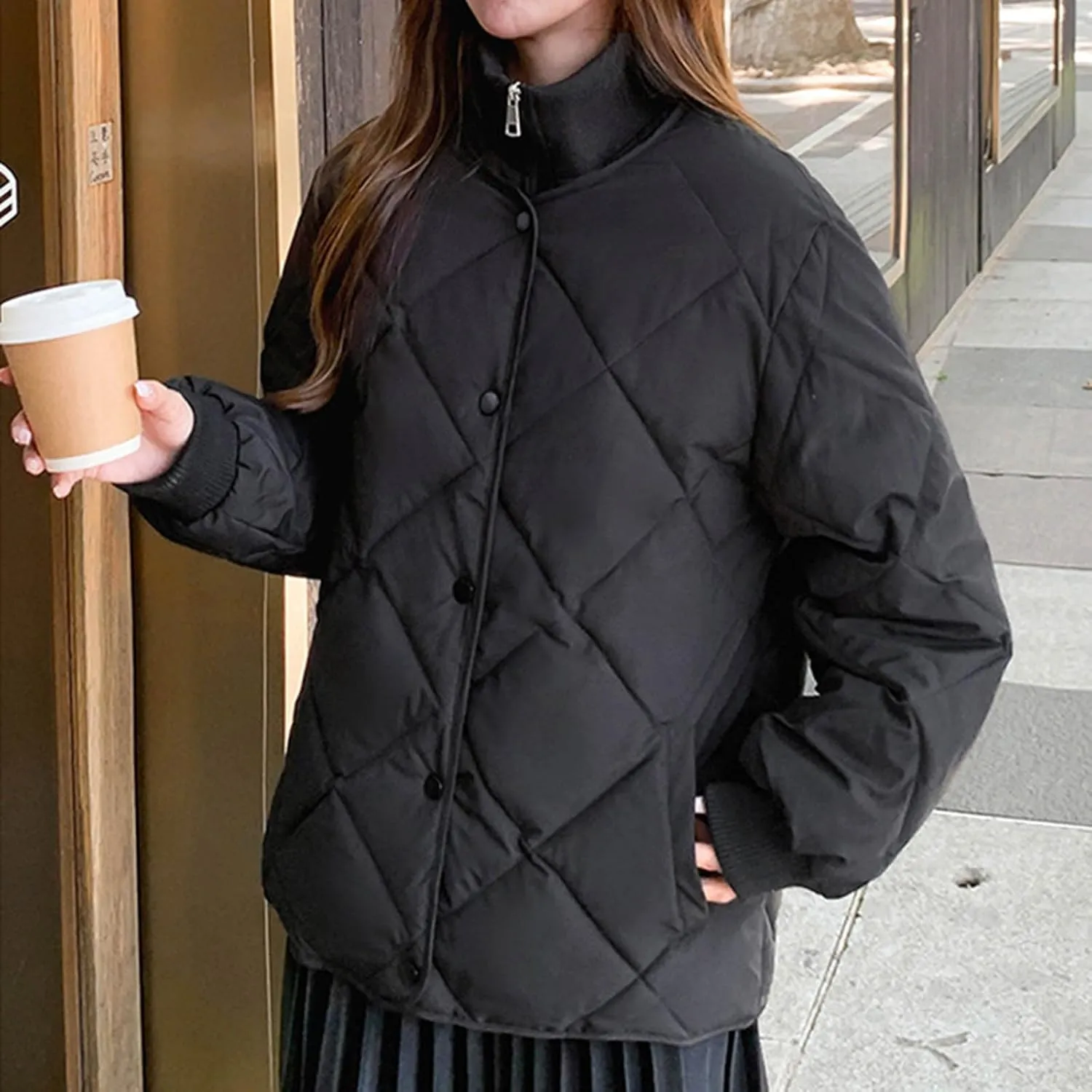 HGps8w Women's Thickened Quilted Puffer Jacket - Winter Casual Stand Collar Padded Down Coat Insulated Outerwear with Pockets