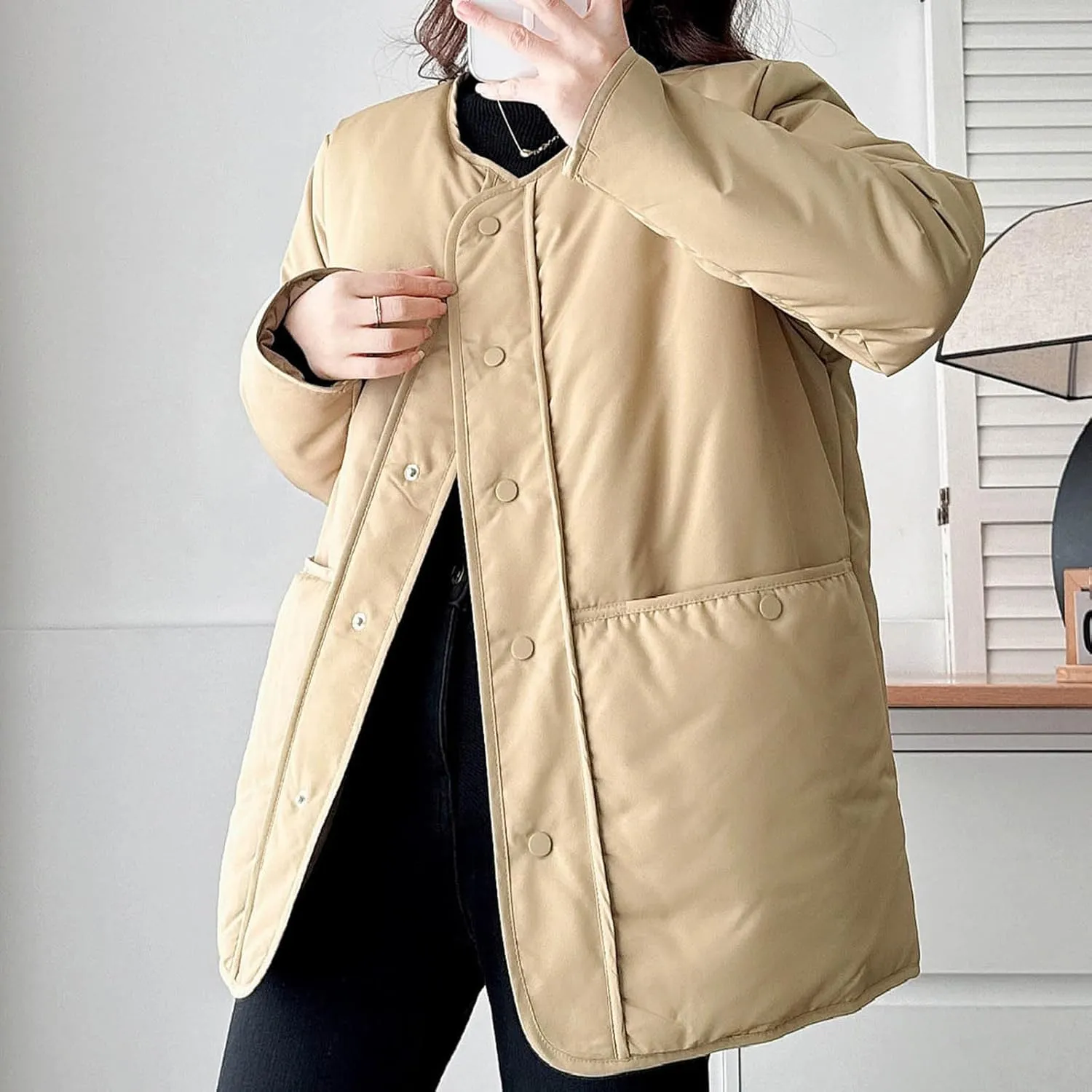 HGps8w Women's Winter Down Coat, Loose Fit Casual Long Sleeve Padded Puffer Jacket Outerwear with Pockets