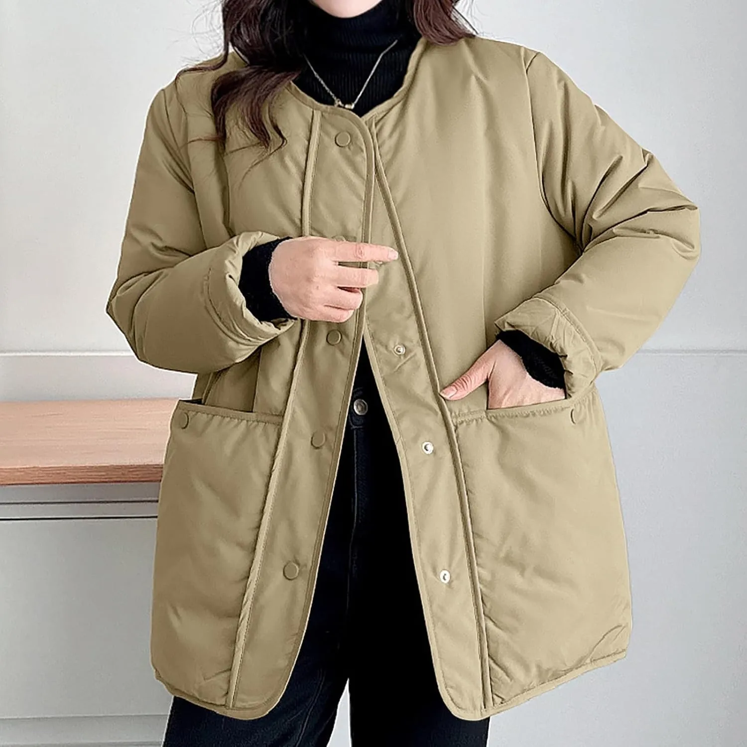 HGps8w Women's Winter Down Coat, Loose Fit Casual Long Sleeve Padded Puffer Jacket Outerwear with Pockets