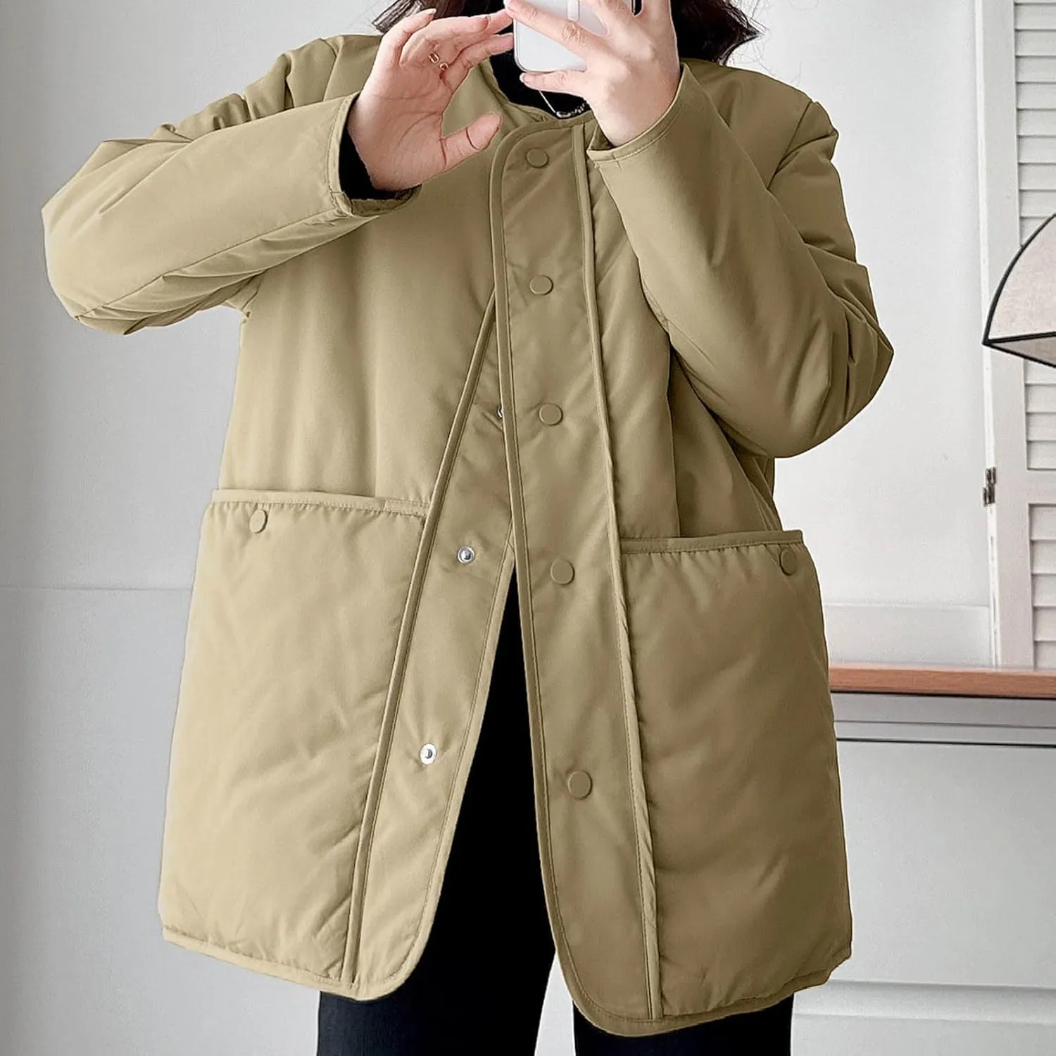 HGps8w Women's Winter Down Coat, Loose Fit Casual Long Sleeve Padded Puffer Jacket Outerwear with Pockets