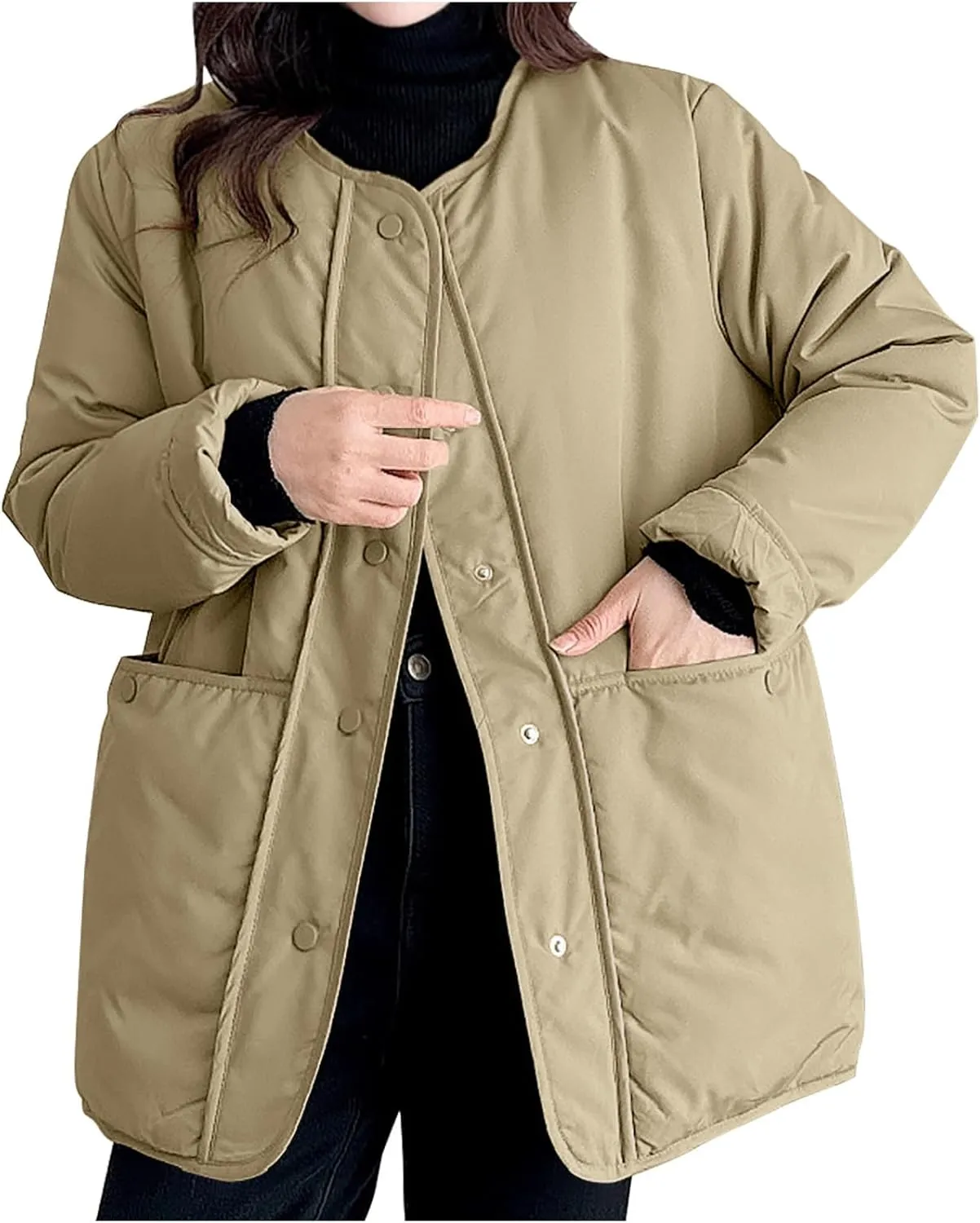 HGps8w Women's Winter Down Coat, Loose Fit Casual Long Sleeve Padded Puffer Jacket Outerwear with Pockets