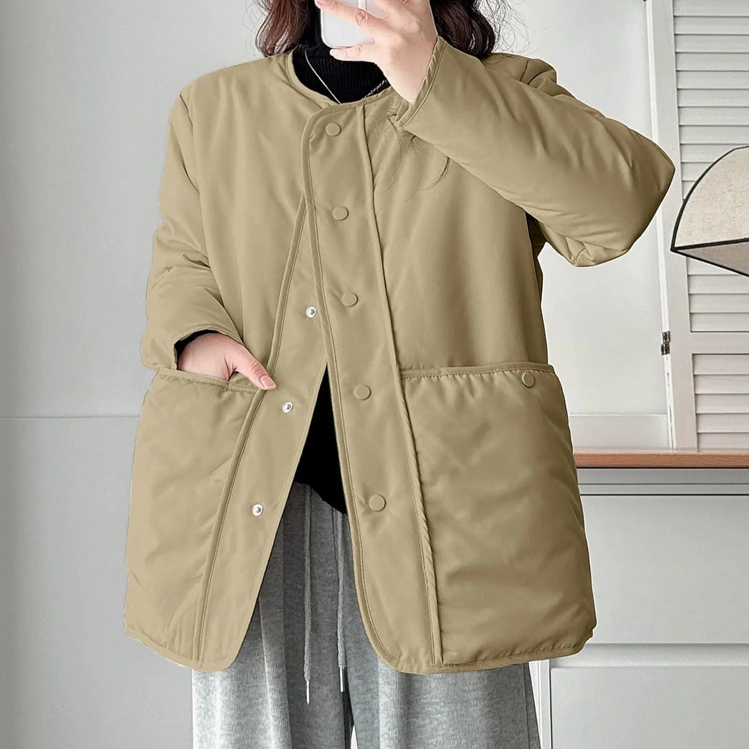 HGps8w Women's Winter Down Coat, Loose Fit Casual Long Sleeve Padded Puffer Jacket Outerwear with Pockets