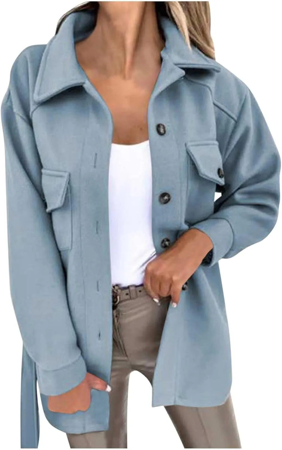 HGps8w Women's Winter Woolen Jacket Button Down Casual Midi Long Lapel Trench Coat Outwear with Pockets
