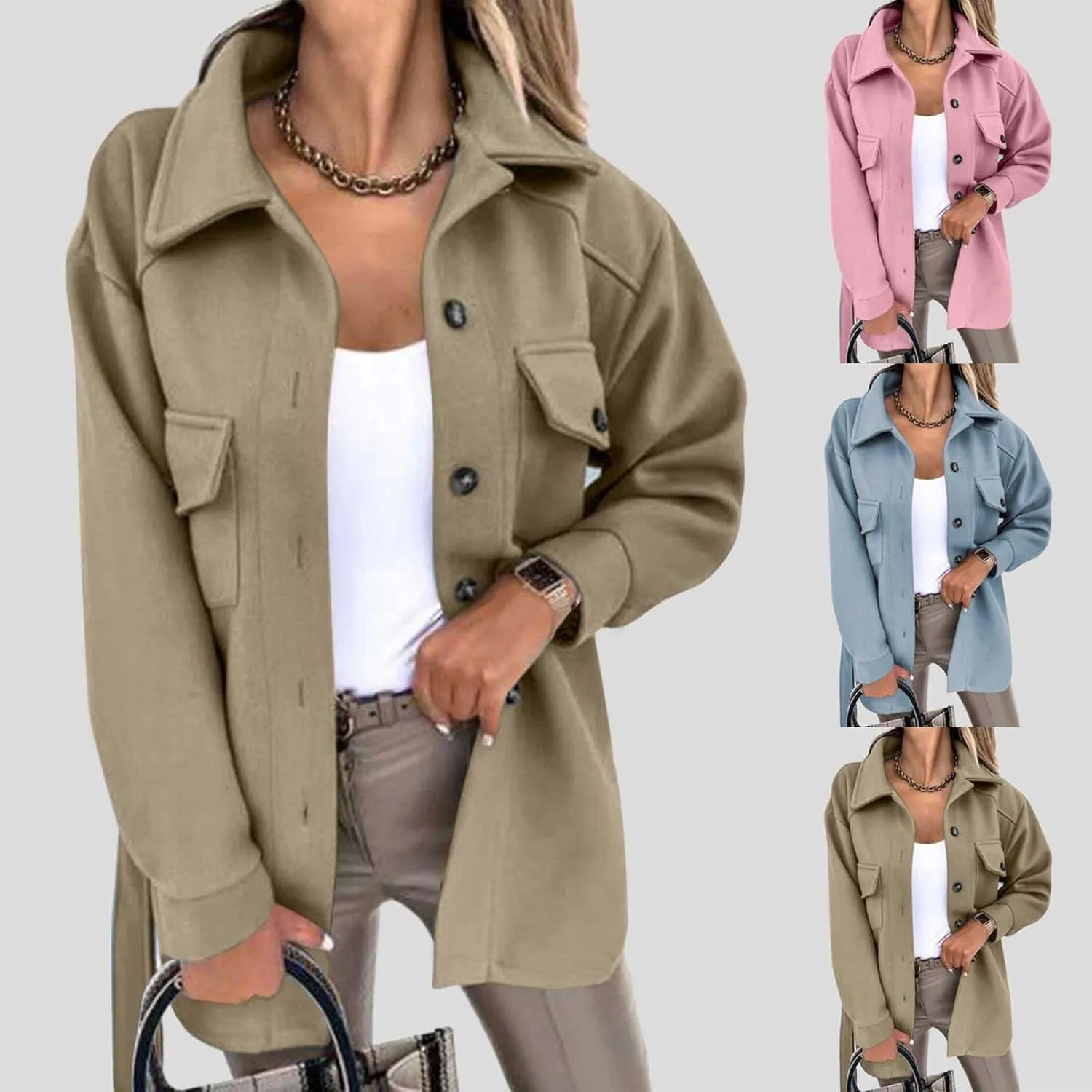 HGps8w Women's Winter Woolen Jacket Button Down Casual Midi Long Lapel Trench Coat Outwear with Pockets