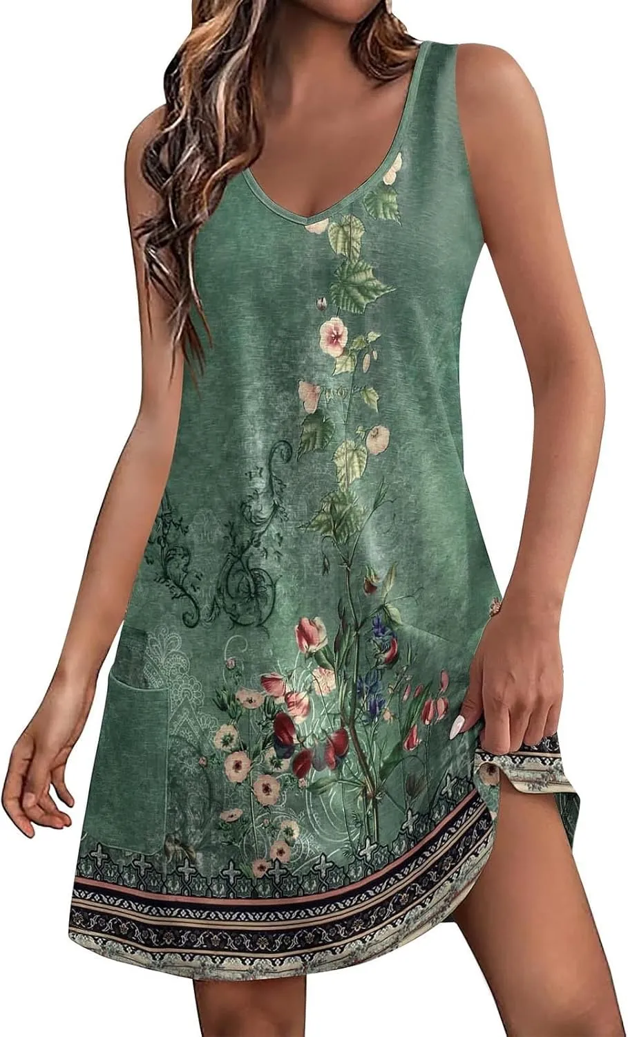 HHmei Women's Summer Dresses 2024 Beach Casual Sleeveless Floral Print Boho Tank Dress V Neck Loose Sundress with Pocket