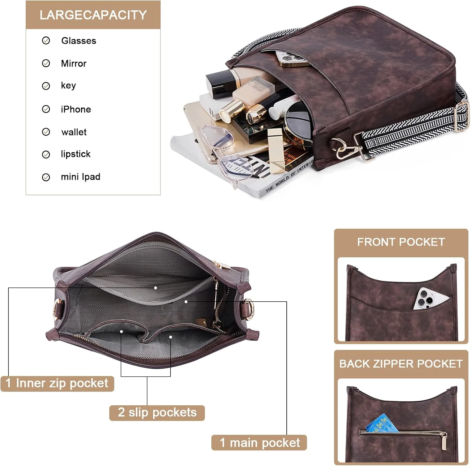 HKCLUF Crossbody Bag for Women Vegan Leather Hobo Handbags Guitar Strap Purse Shoulder Bucket Bag with 2PCS Adjustable Straps