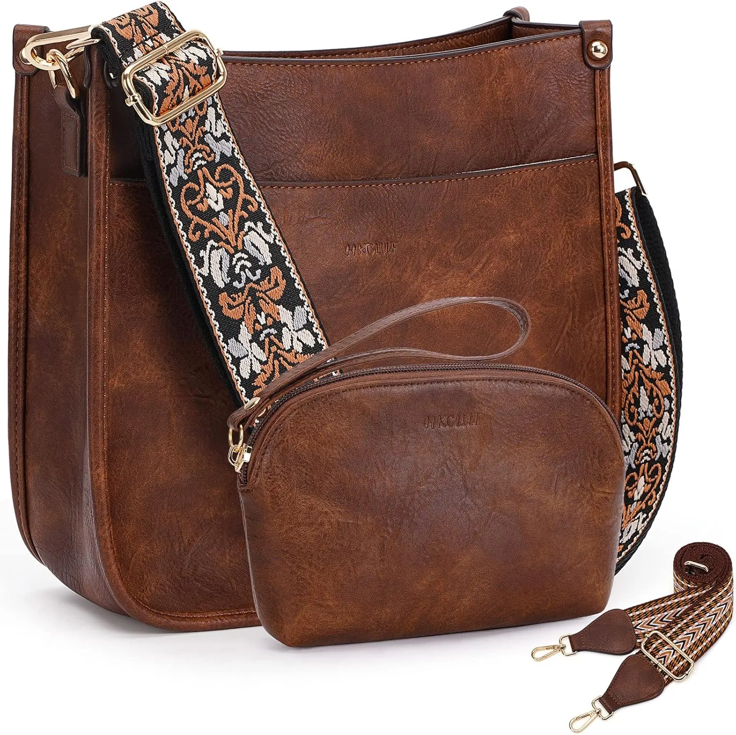 HKCLUF Crossbody Bag Purse for Women 2PCS/Set Leather Hobo Handbag Wallet Set With 2Adjustable Guitar Strap Shoulder Bag