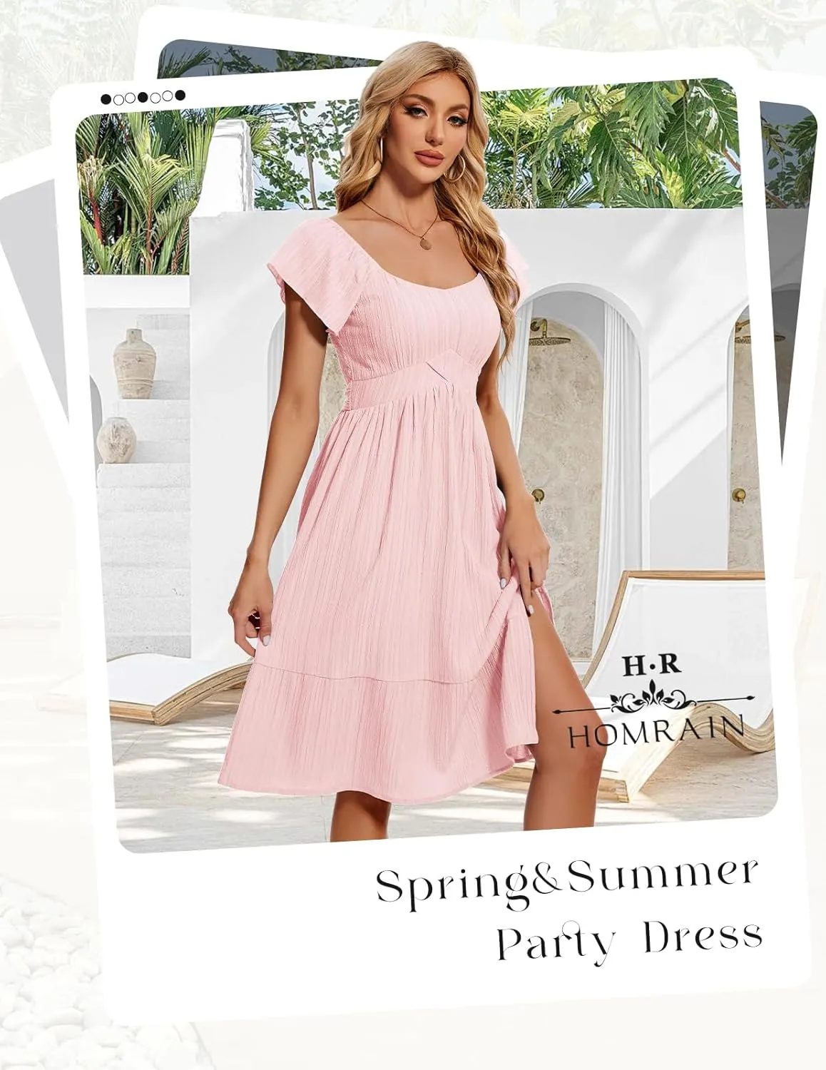 HomRain Women's Casual Dresses for Summer 2025, Vintage Graduation Square Neck Split Beach Dress for Tea Party