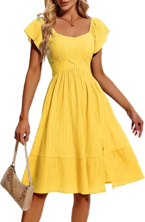 HomRain Women's Casual Dresses for Summer 2025, Vintage Graduation Square Neck Split Beach Dress for Tea Party
