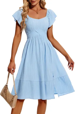HomRain Women's Casual Dresses for Summer 2025, Vintage Graduation Square Neck Split Beach Dress for Tea Party