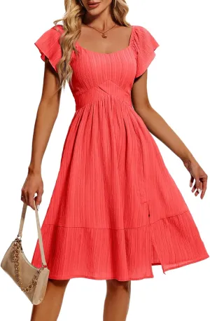 HomRain Women's Casual Dresses for Summer 2025, Vintage Graduation Square Neck Split Beach Dress for Tea Party
