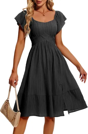 HomRain Women's Casual Dresses for Summer 2025, Vintage Graduation Square Neck Split Beach Dress for Tea Party