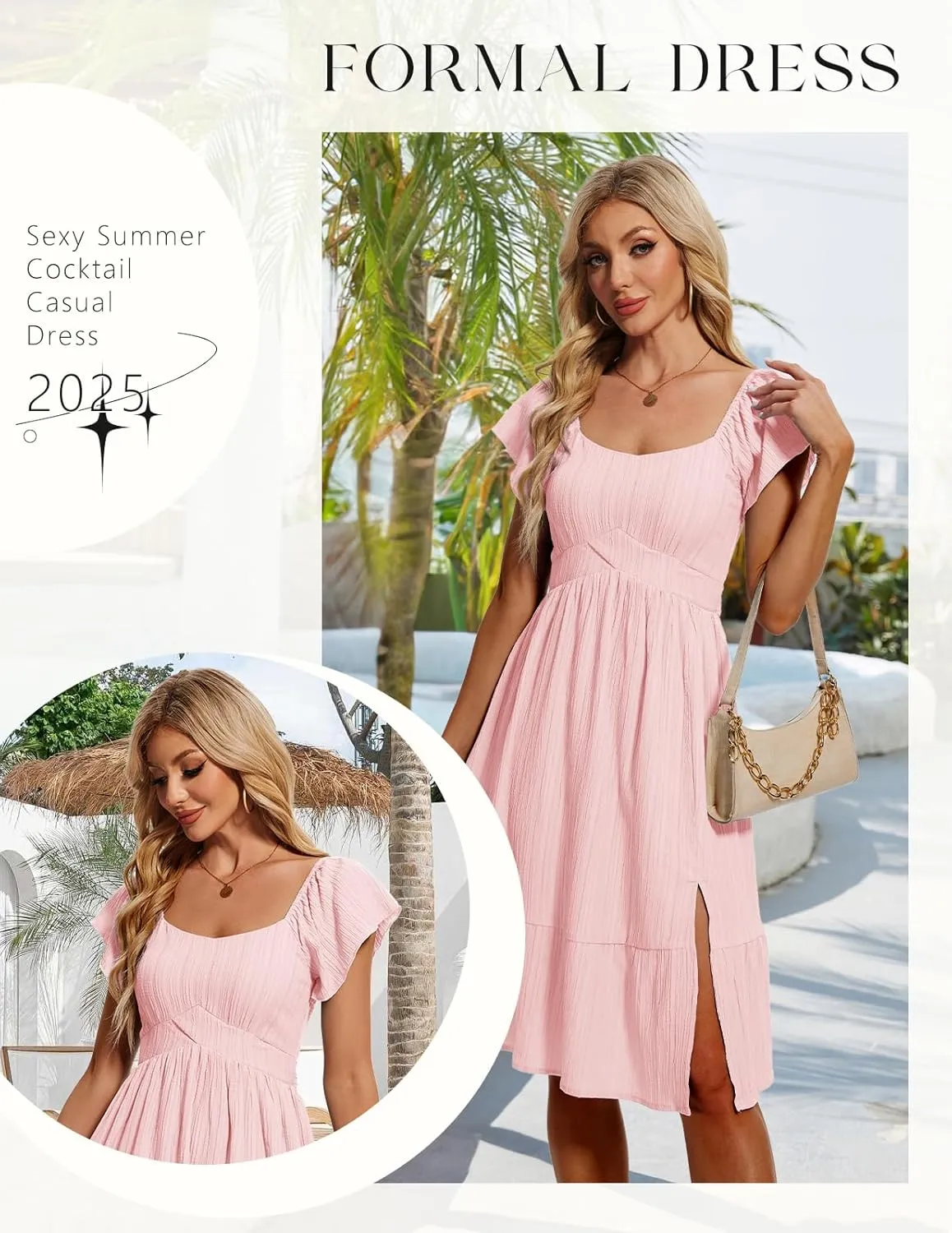 HomRain Women's Casual Dresses for Summer 2025, Vintage Graduation Square Neck Split Beach Dress for Tea Party