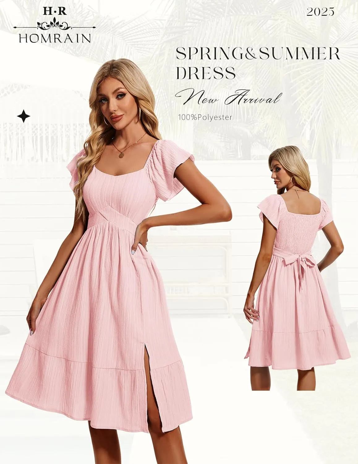 HomRain Women's Casual Dresses for Summer 2025, Vintage Graduation Square Neck Split Beach Dress for Tea Party