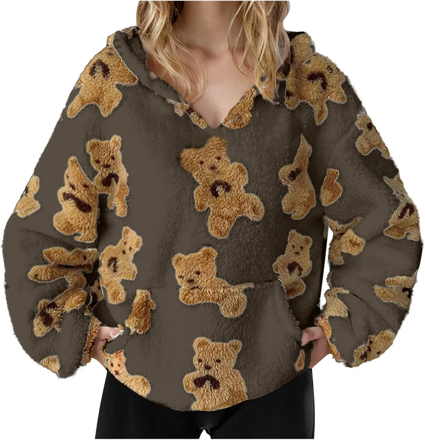 Hoodies For Teen Girls Oversized Sherpa Hoodie Women Fuzzy Fleece Hooded Sweatshirt Cute Teddy Bear Print Pullover Tops