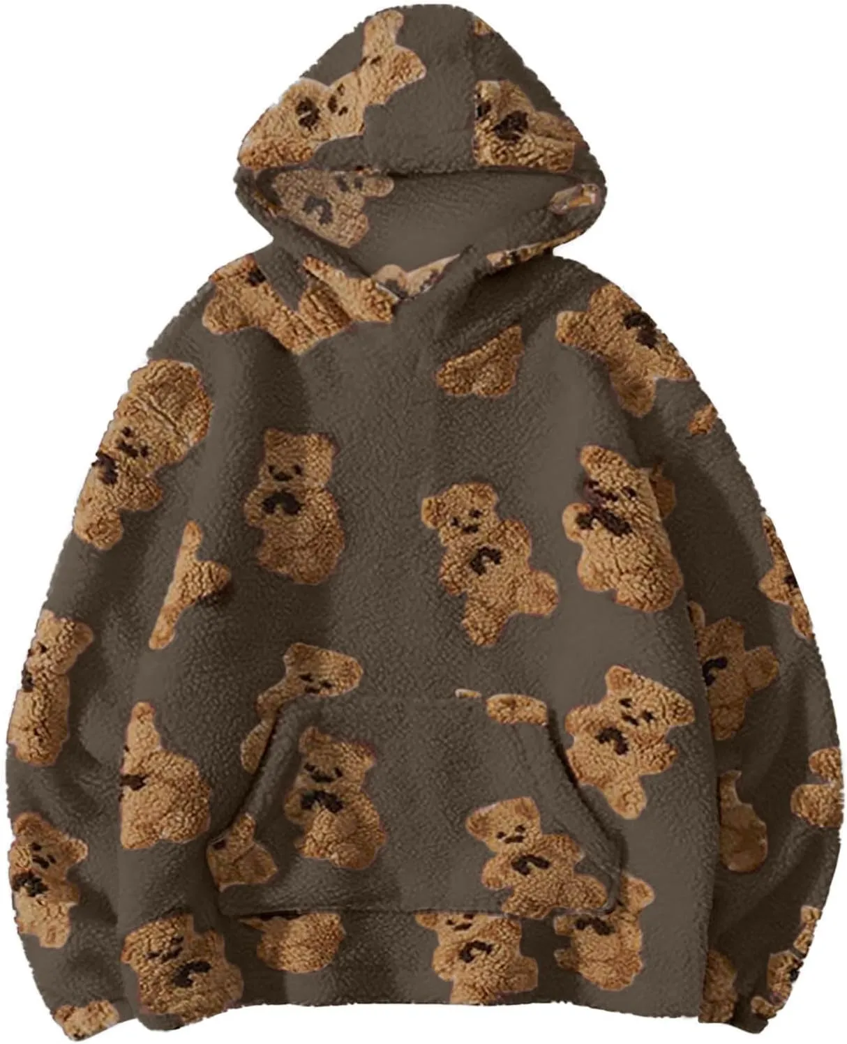 Hoodies For Teen Girls Oversized Sherpa Hoodie Women Fuzzy Fleece Hooded Sweatshirt Cute Teddy Bear Print Pullover Tops