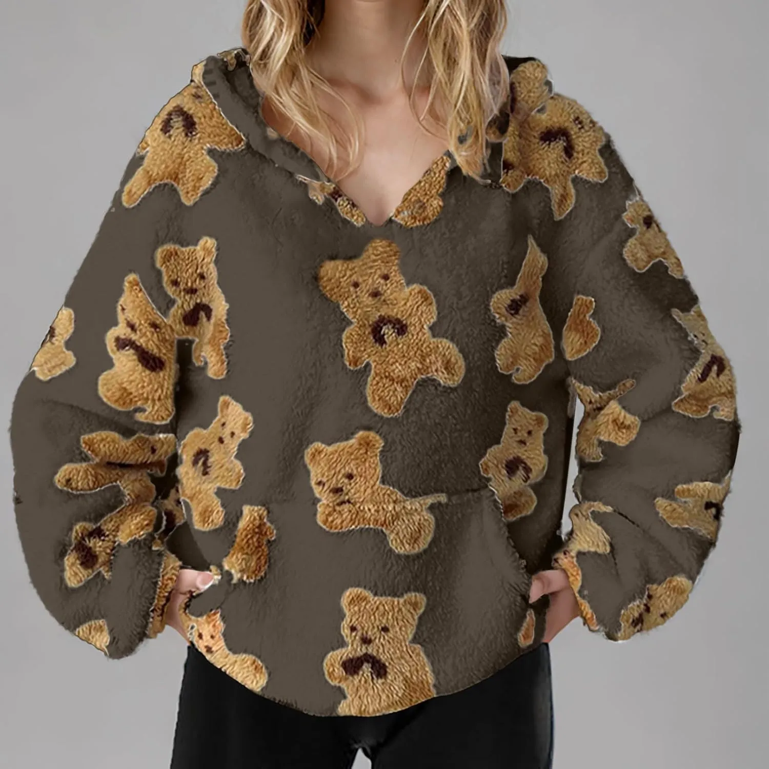 Hoodies For Teen Girls Oversized Sherpa Hoodie Women Fuzzy Fleece Hooded Sweatshirt Cute Teddy Bear Print Pullover Tops