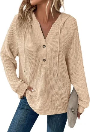 Hoodies for Women Button V Neck Waffle Knit Tops Long Sleeve Shirts Fall Casual Comfy Pullover Sweatshirt Hooded Tops