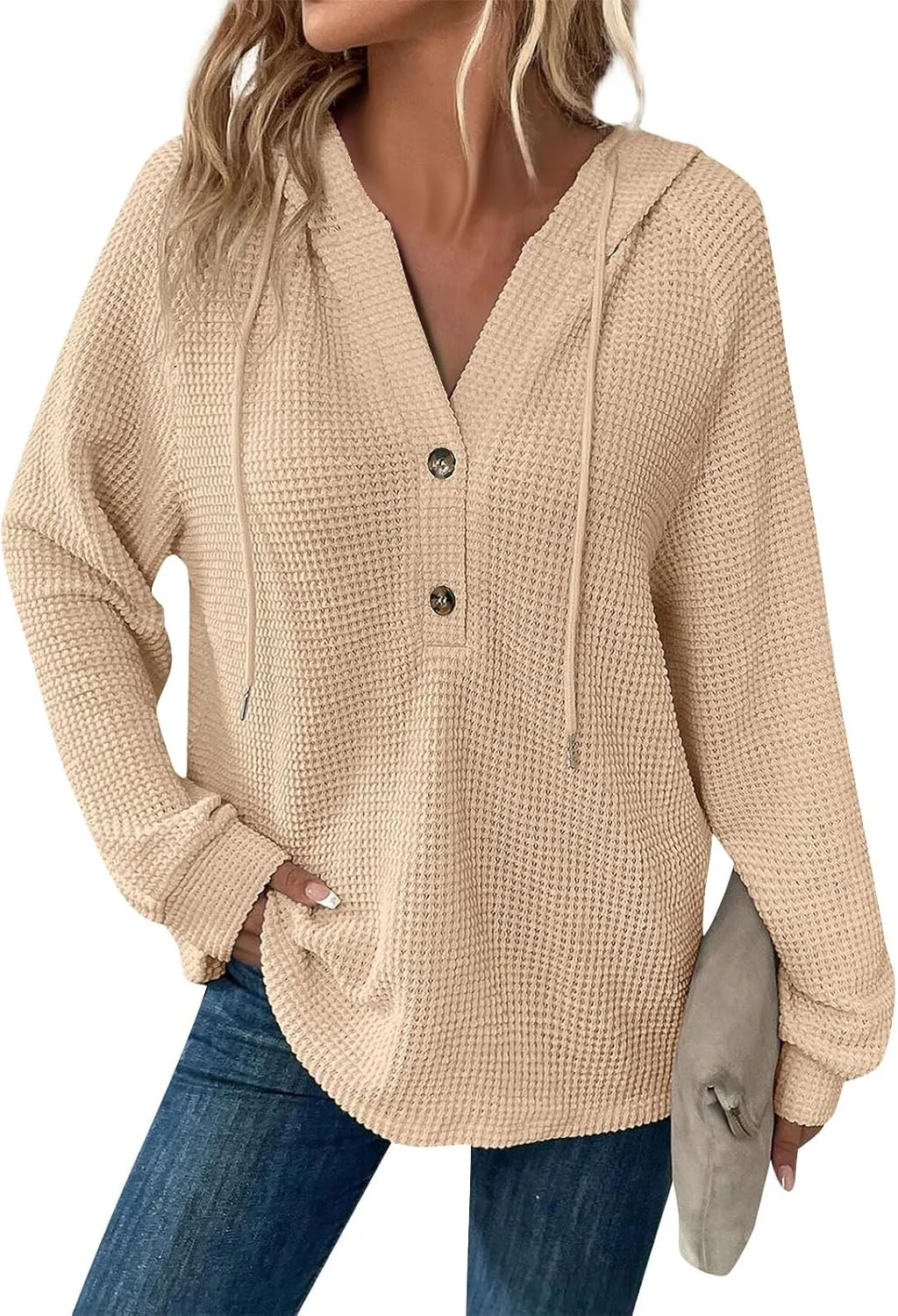Hoodies for Women Button V Neck Waffle Knit Tops Long Sleeve Shirts Fall Casual Comfy Pullover Sweatshirt Hooded Tops