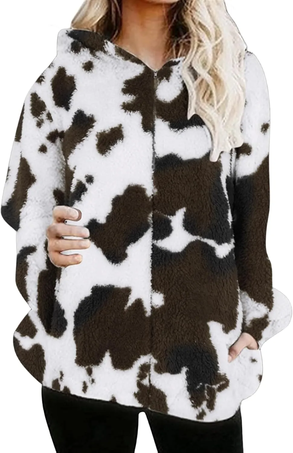 Hoodies Zip Up Jacket for Women Cow Printed Sweatshirts Fuzzy Fleece Open Front Cardigans Casual Loose Winter Outwear