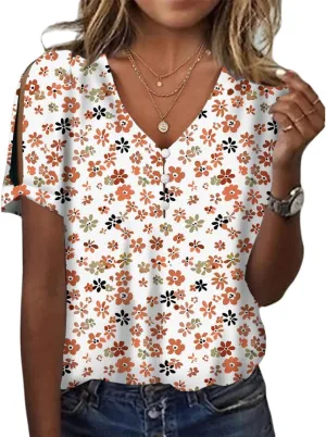 HOTYD Women's Boho Floral Print Ladies Short Sleeve Tops Summer Blouses Dressy Casual V Neck Cold Shoulder Tunic Tops