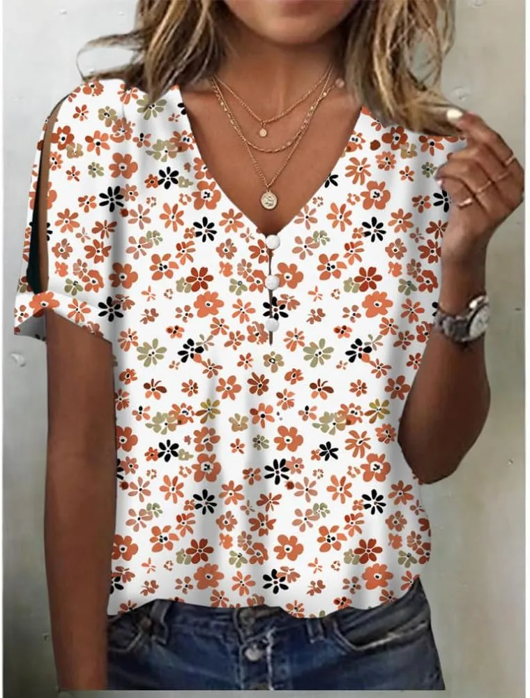 HOTYD Women's Boho Floral Print Ladies Short Sleeve Tops Summer Blouses Dressy Casual V Neck Cold Shoulder Tunic Tops