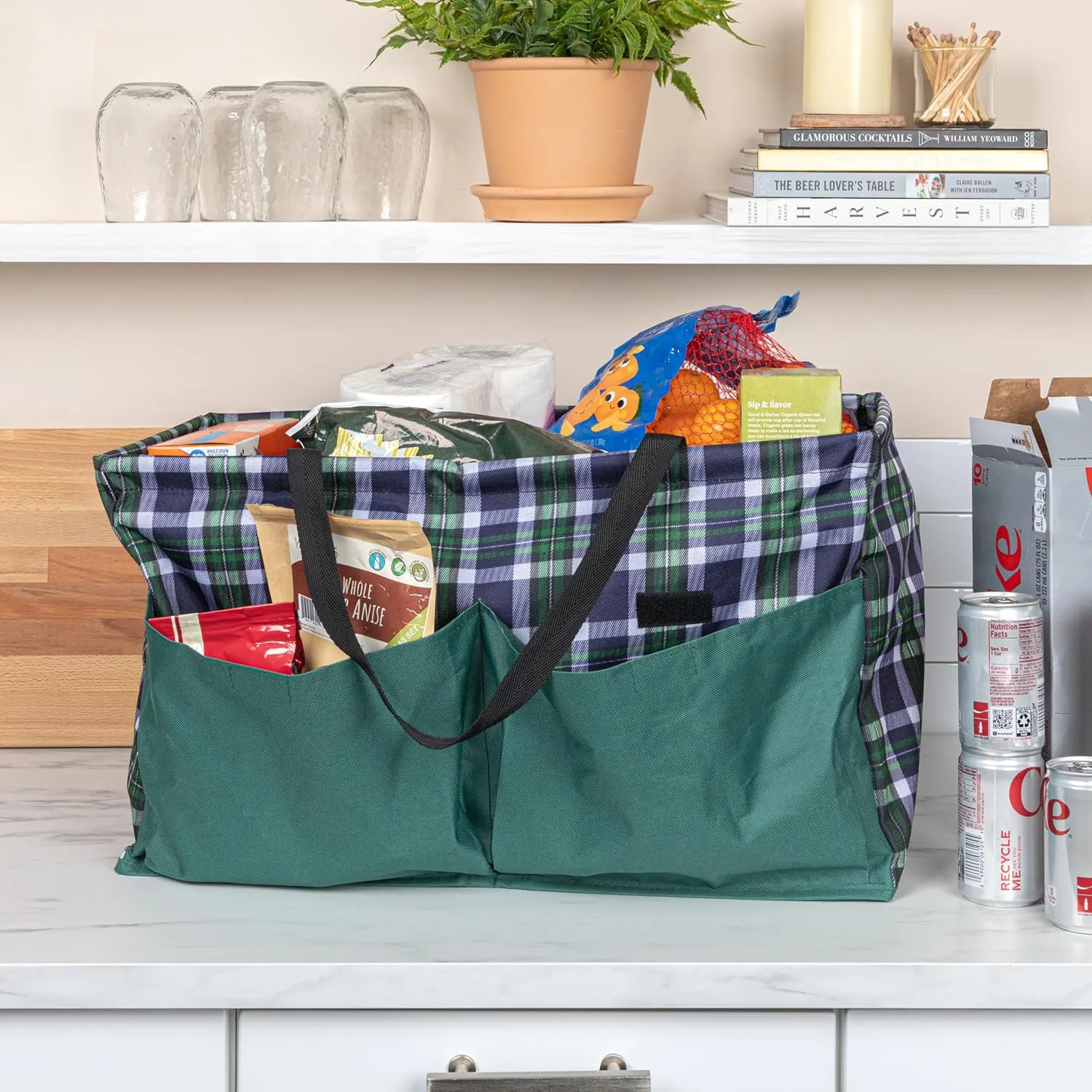 Household Essentials Krush Container All-Purpose Utility Tote, Water-Resistant Vinyl Lining with Pockets, Plaid