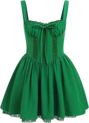 IBTOM CASTLE Corset Mini Dress for Women: Ladeis Boho Summer Floral Dress Sleeveless Spaghetti Straps Backless Casual Dress Lace Up Sundress Cottagecore Ruffle Short Beach Bustier Dresses Green L