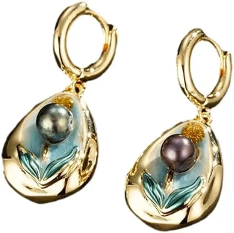 Impression Noire Enamel Pearl Drop Earrings, Impressionist-Inspired Floral Enamel Design, 14K Gold Plating with Natural Baroque Pearls, Floral Jewelry, Art Gifts for Women