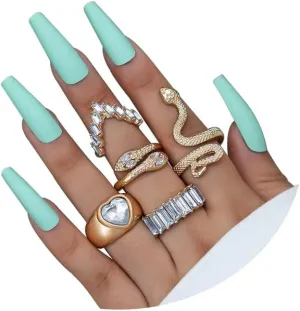 INENIMARTJ Snake Rings for Women,Gold Snake Knuckle Rings Boho Crystal Heart Stacking Finger Rings Set Vintage Snake Jewelry (White)