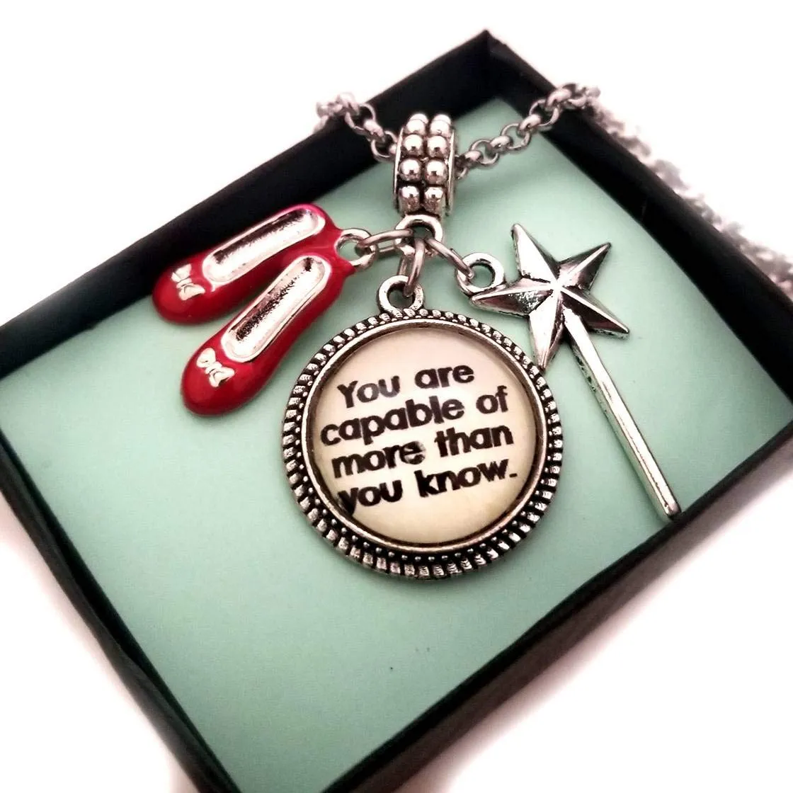 Inspirational Gift Wizard of Oz Charm Bracelet Necklace Keychain, You Always had the Power Ruby Red Slippers Gift for Girls Women