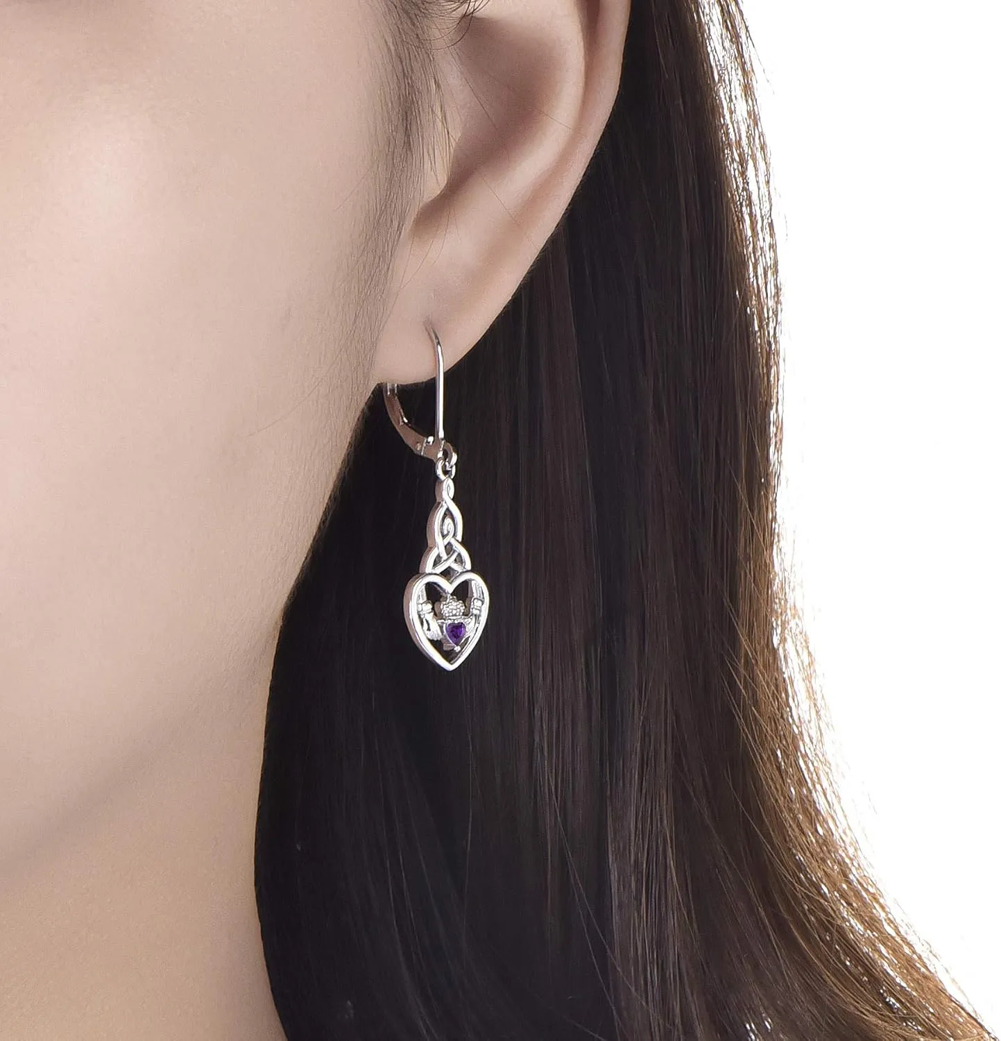 JO WISDOM Women Earrings,925 Sterling Silver Irish Celtic Claddagh Love Heart Drop & Dangle Leverback Earrings with 5A Cubic Zirconia