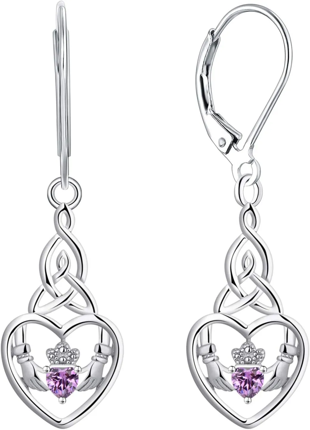 JO WISDOM Women Earrings,925 Sterling Silver Irish Celtic Claddagh Love Heart Drop & Dangle Leverback Earrings with 5A Cubic Zirconia