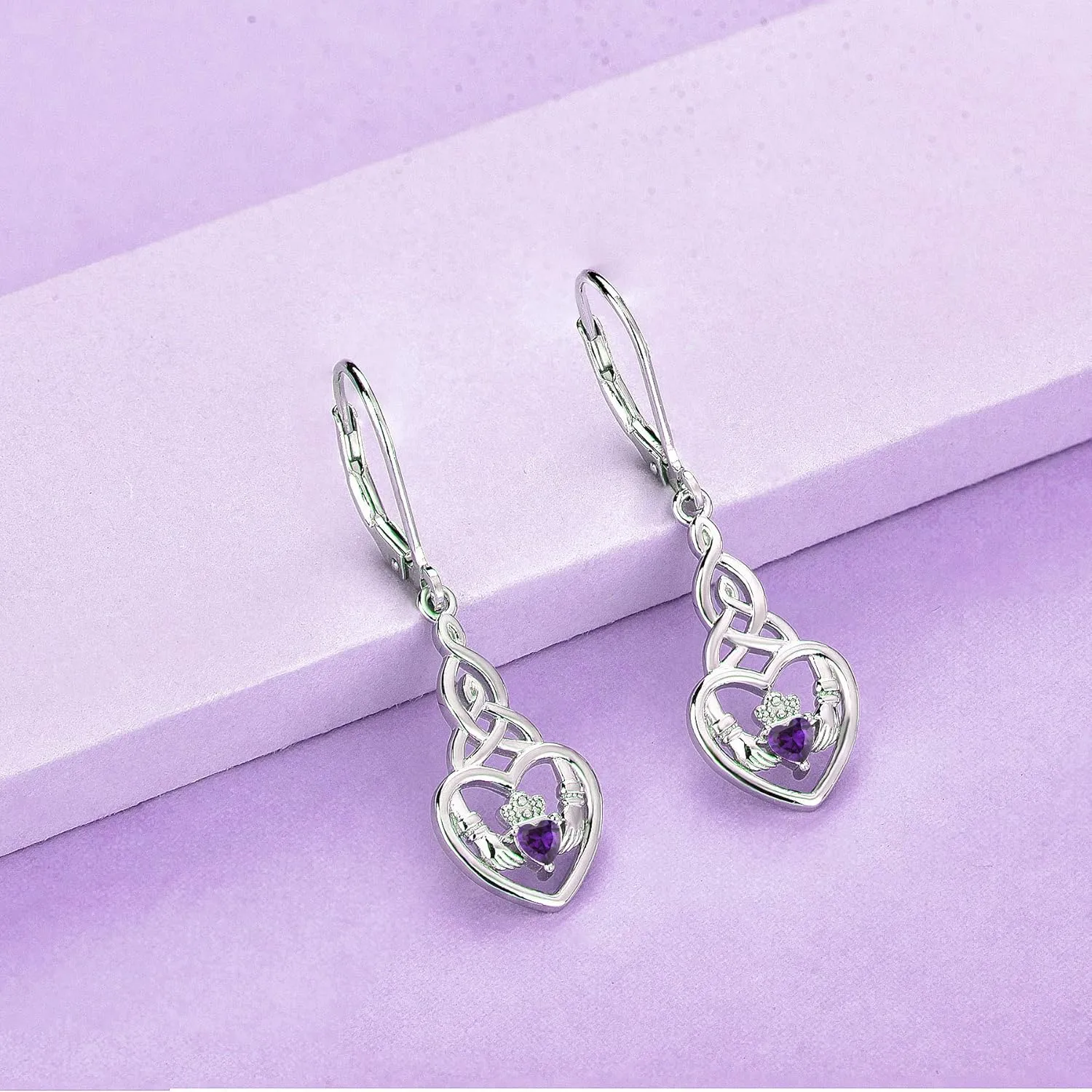 JO WISDOM Women Earrings,925 Sterling Silver Irish Celtic Claddagh Love Heart Drop & Dangle Leverback Earrings with 5A Cubic Zirconia
