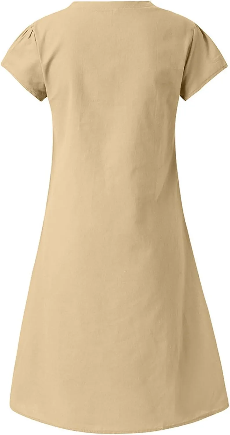 JOAU Women's 2024 Summer Cotton Linen Midi Dress V Neck Beach Vacation Short Sleeve Casual Knee Length Shirt Dresses