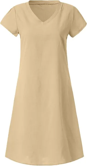 JOAU Women's 2024 Summer Cotton Linen Midi Dress V Neck Beach Vacation Short Sleeve Casual Knee Length Shirt Dresses