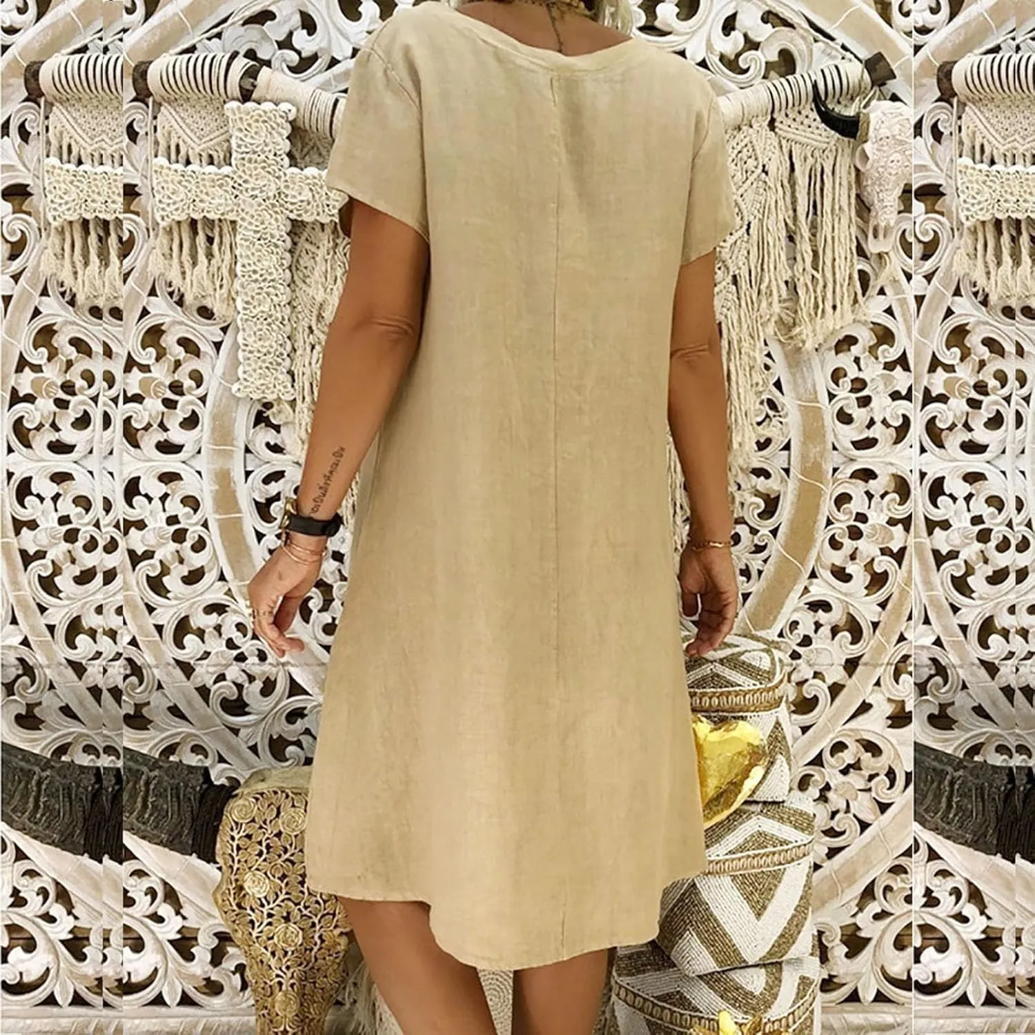 JOAU Women's 2024 Summer Cotton Linen Midi Dress V Neck Beach Vacation Short Sleeve Casual Knee Length Shirt Dresses
