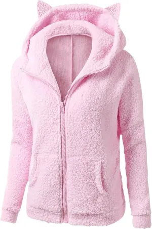 jsaierl Women Fluffy Bear Ears Cute Hooded Jacket Zip Up Hoodie Winter Double Fuzzy Warm Sweatshirt Comfy Outwear Coat
