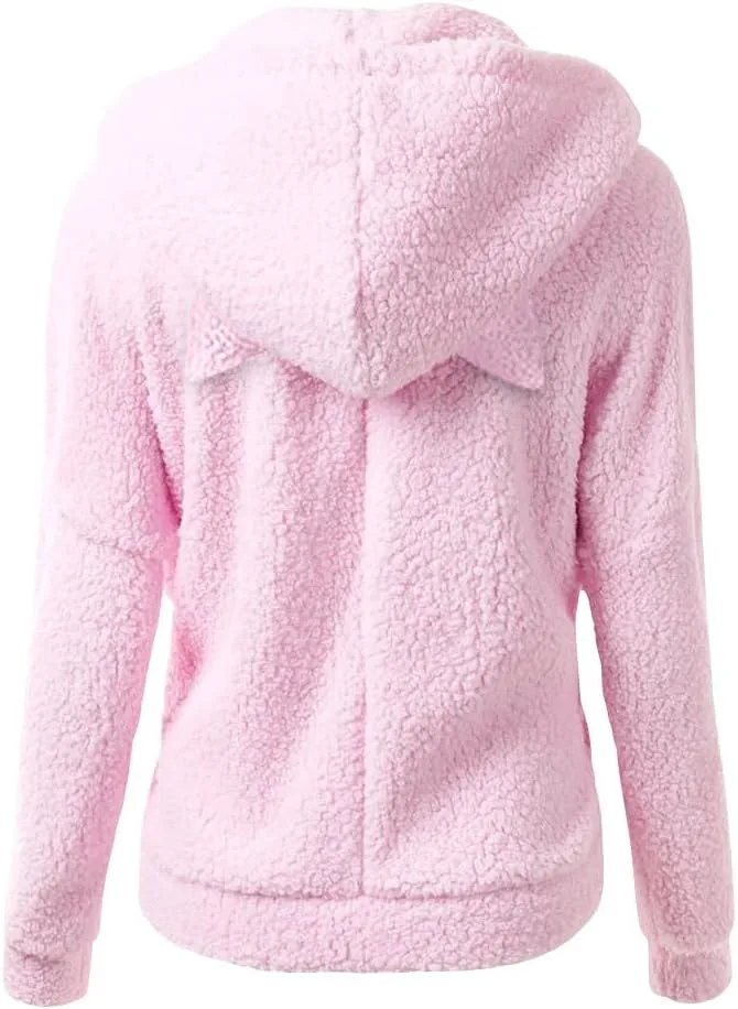 jsaierl Women Fluffy Bear Ears Cute Hooded Jacket Zip Up Hoodie Winter Double Fuzzy Warm Sweatshirt Comfy Outwear Coat