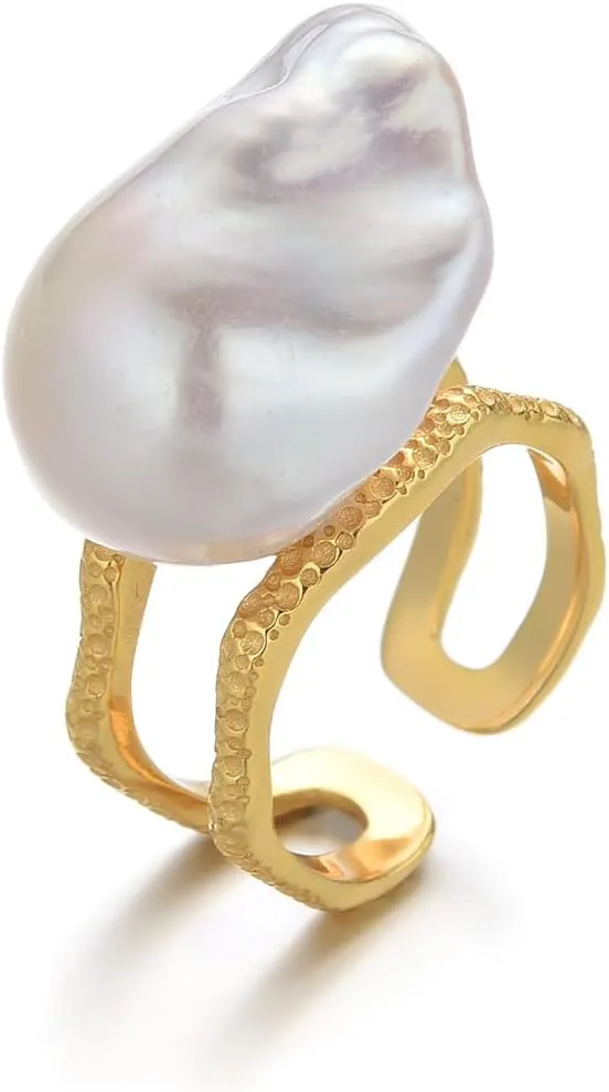 Ke&Ko Pearl Ring: Baroque Cultured Pearl Statement Ring in 18k Gold-Plated Sterling Silver  Adjustable, Unique Design, Hypoallergenic for Sensitive Skin