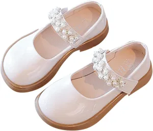 Kids Girls Fashion Dress Shoes Soft Flower Leather Dance Shoes with Pearl Straps Shoes for Girls Size 4