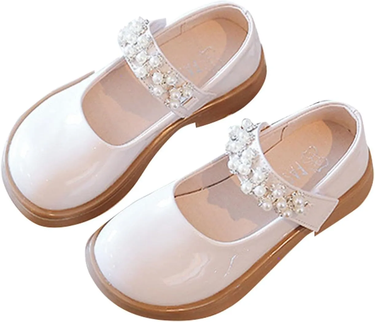 Kids Girls Fashion Dress Shoes Soft Flower Leather Dance Shoes with Pearl Straps Shoes for Girls Size 4