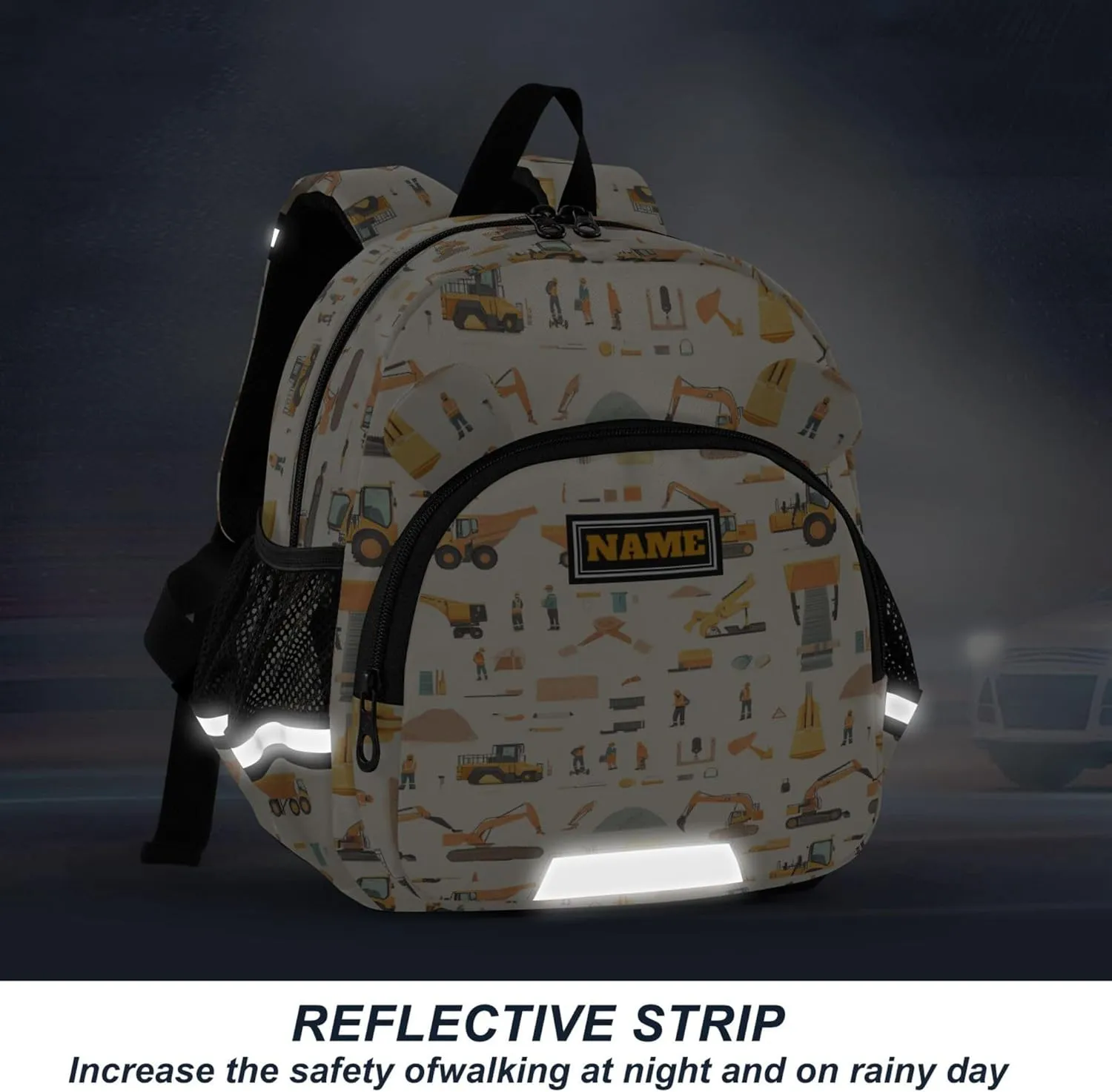KLL Custom Cute Ears Cute Small Backpacks Leash Boys Girls Anti-Lost Personalized Backpack with Reflective Strip M Construction Scene Dam Construction Dump Truck Grader