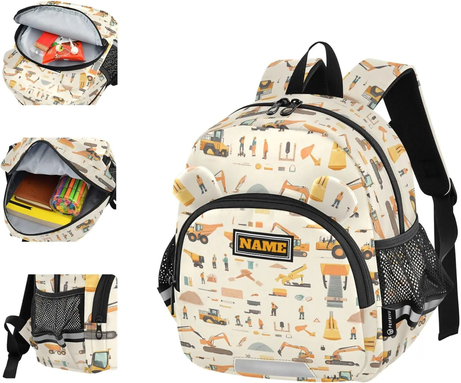 KLL Custom Cute Ears Cute Small Backpacks Leash Boys Girls Anti-Lost Personalized Backpack with Reflective Strip M Construction Scene Dam Construction Dump Truck Grader
