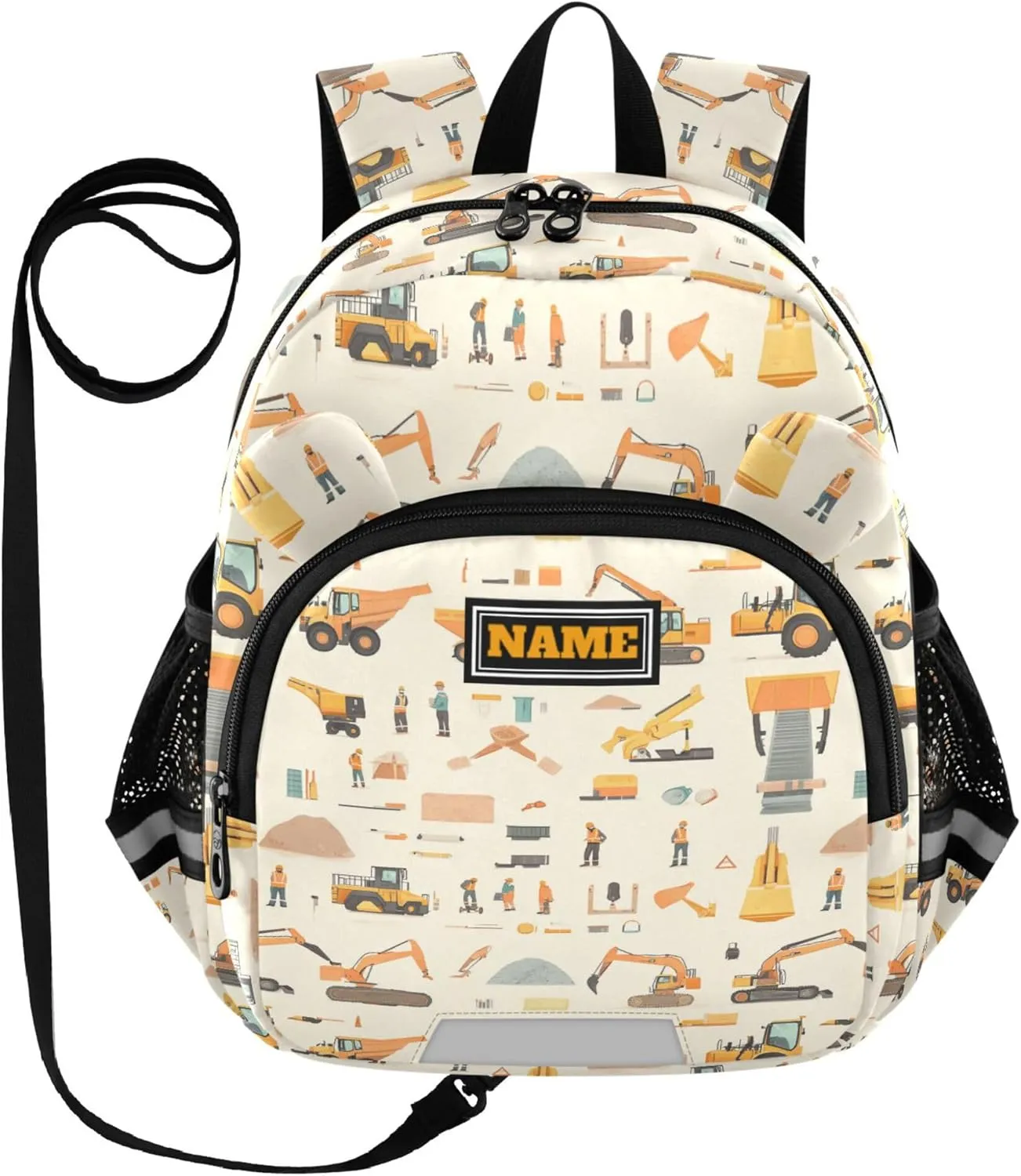 KLL Custom Cute Ears Cute Small Backpacks Leash Boys Girls Anti-Lost Personalized Backpack with Reflective Strip M Construction Scene Dam Construction Dump Truck Grader