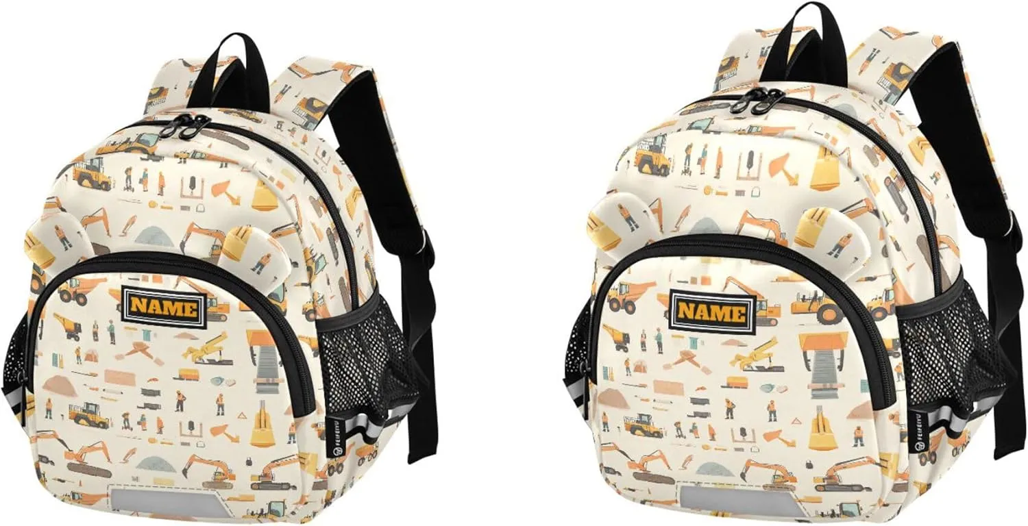 KLL Custom Cute Ears Cute Small Backpacks Leash Boys Girls Anti-Lost Personalized Backpack with Reflective Strip M Construction Scene Dam Construction Dump Truck Grader