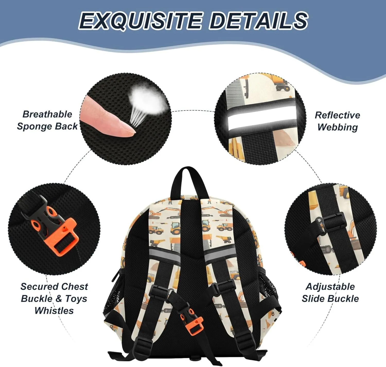 KLL Custom Cute Ears Cute Small Backpacks Leash Boys Girls Anti-Lost Personalized Backpack with Reflective Strip M Construction Scene Dam Construction Dump Truck Grader